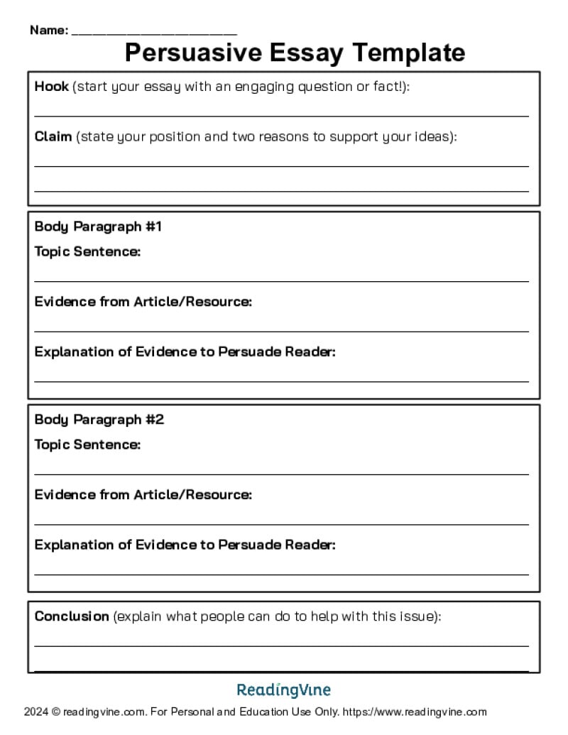 Persuasive Essay Outline Template for 6th - 8th Grade