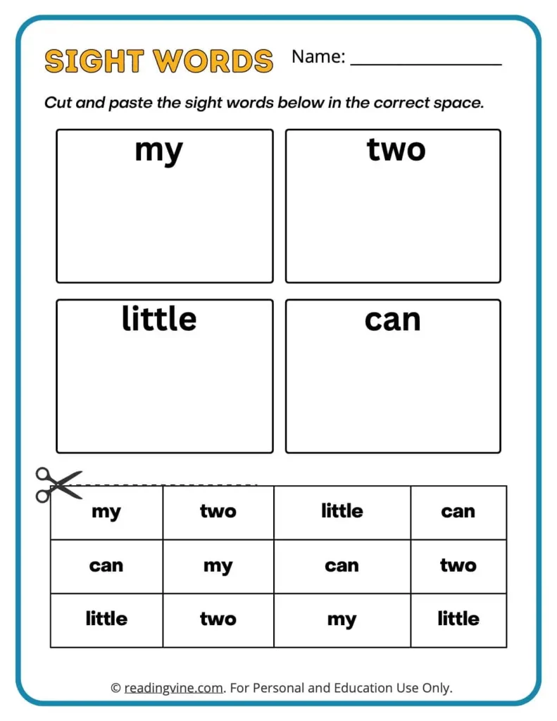 Preschool cut and paste the sight words worksheets