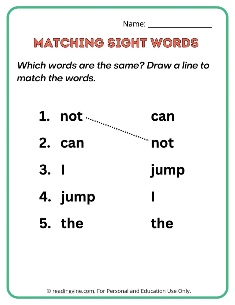 Pre-k sight word matching worksheets