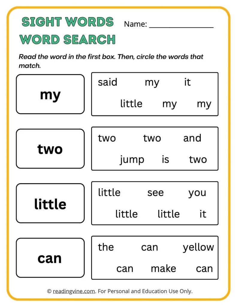 Pre-k sight words search worksheets