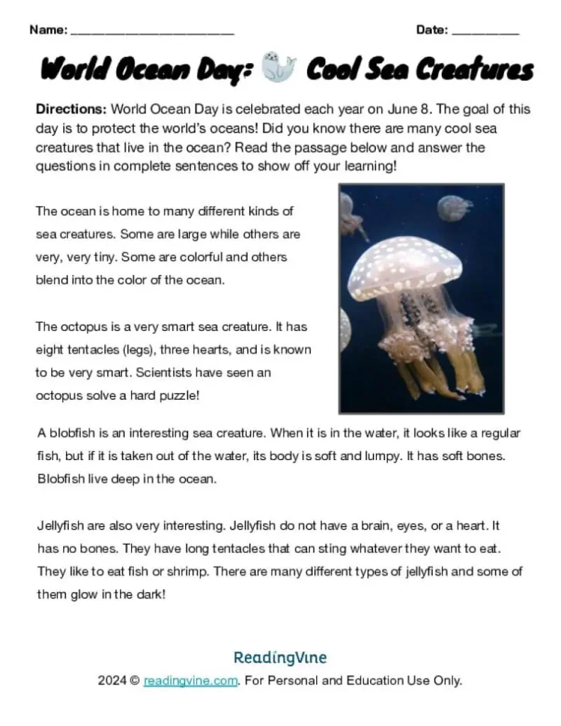 World Ocean Day Sea Creatures Activity Image
