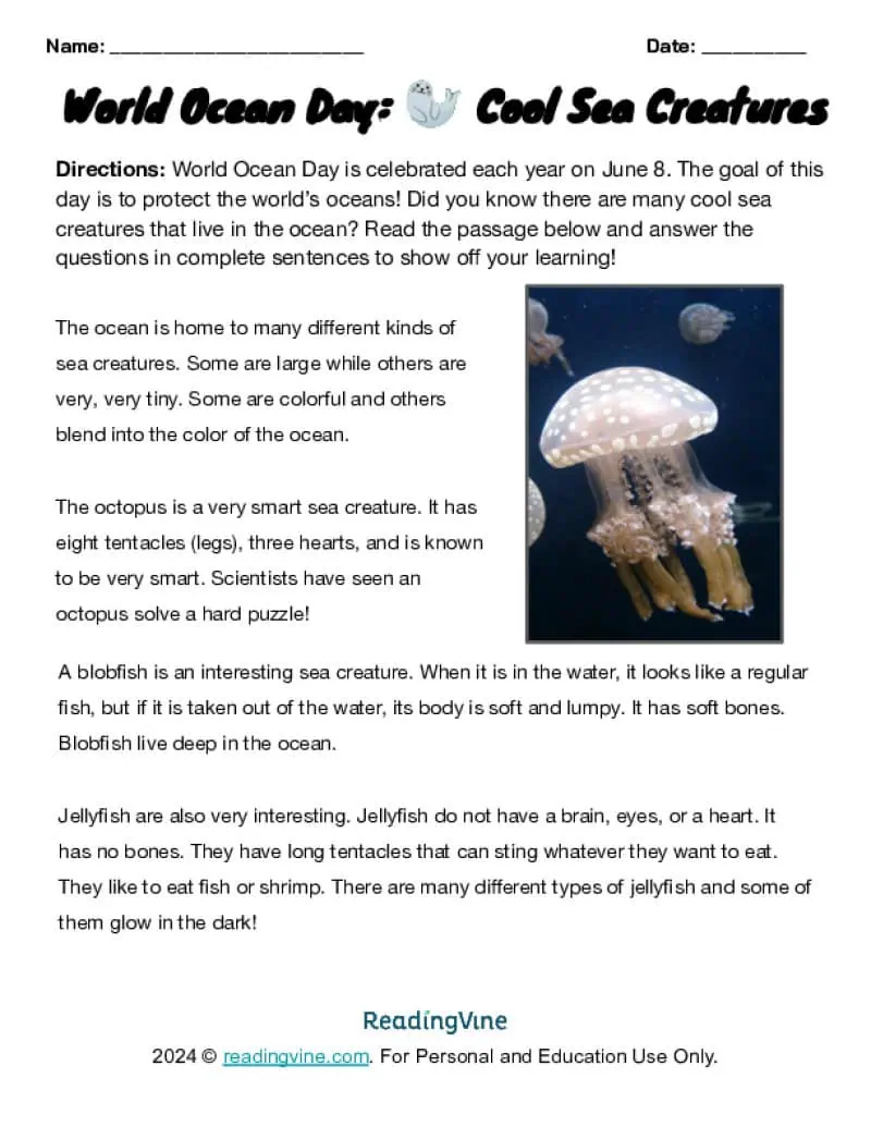 World Ocean Day Sea Creatures Activity Image