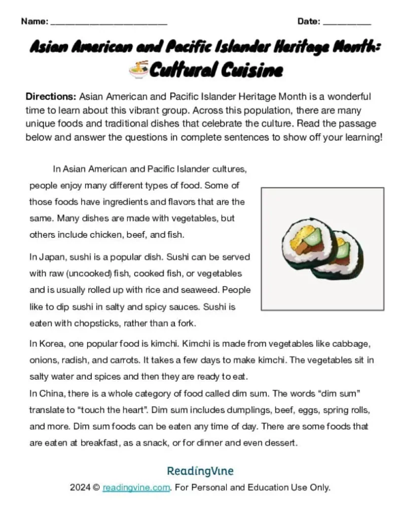 Asian American and Pacific Islander Heritage Cuisine Activity