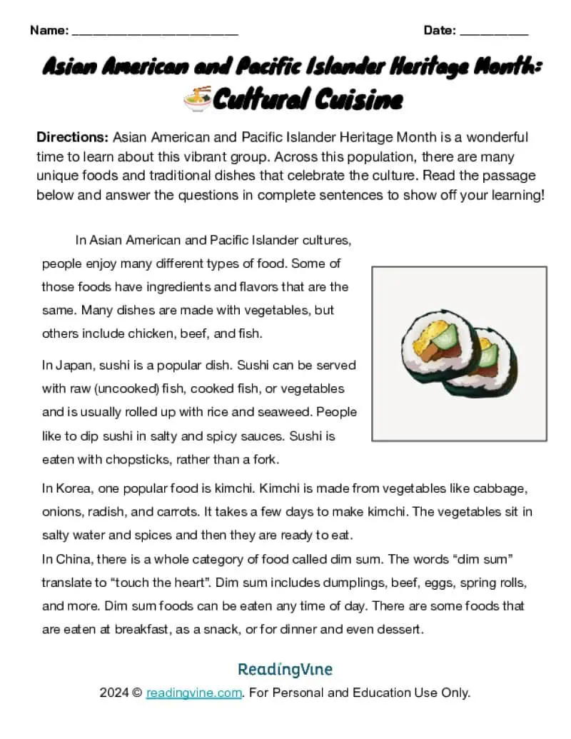Asian American and Pacific Islander Heritage Cuisine Activity