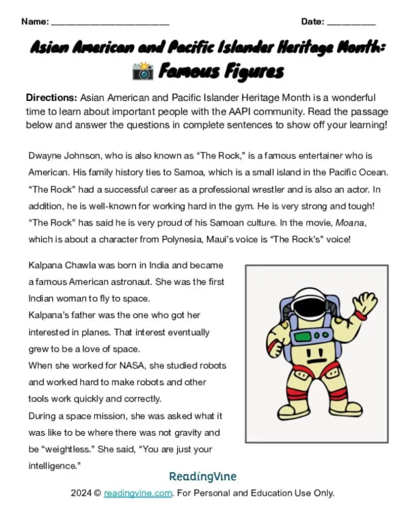 Asian American and Pacific Islander Heritage Famous Figures Activity
