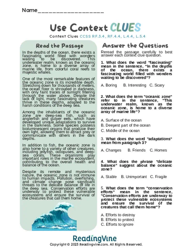 About the Ocean Reading Passage Worksheet-Image