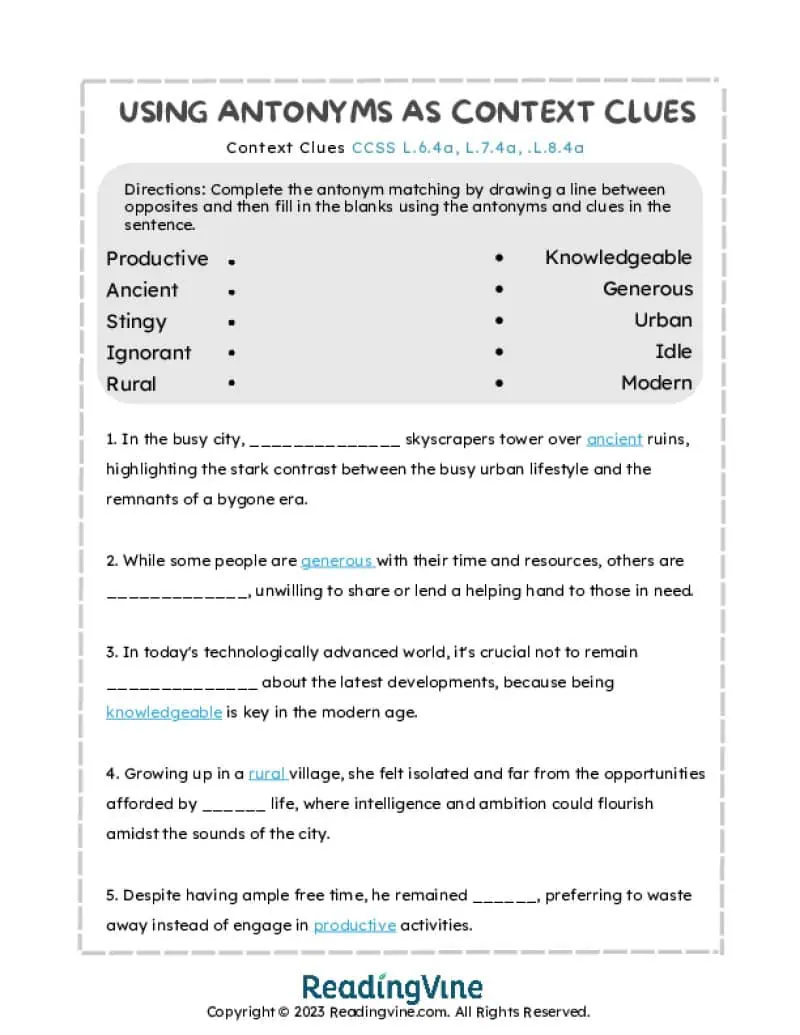 Antonyms Context Clues Matching Activity