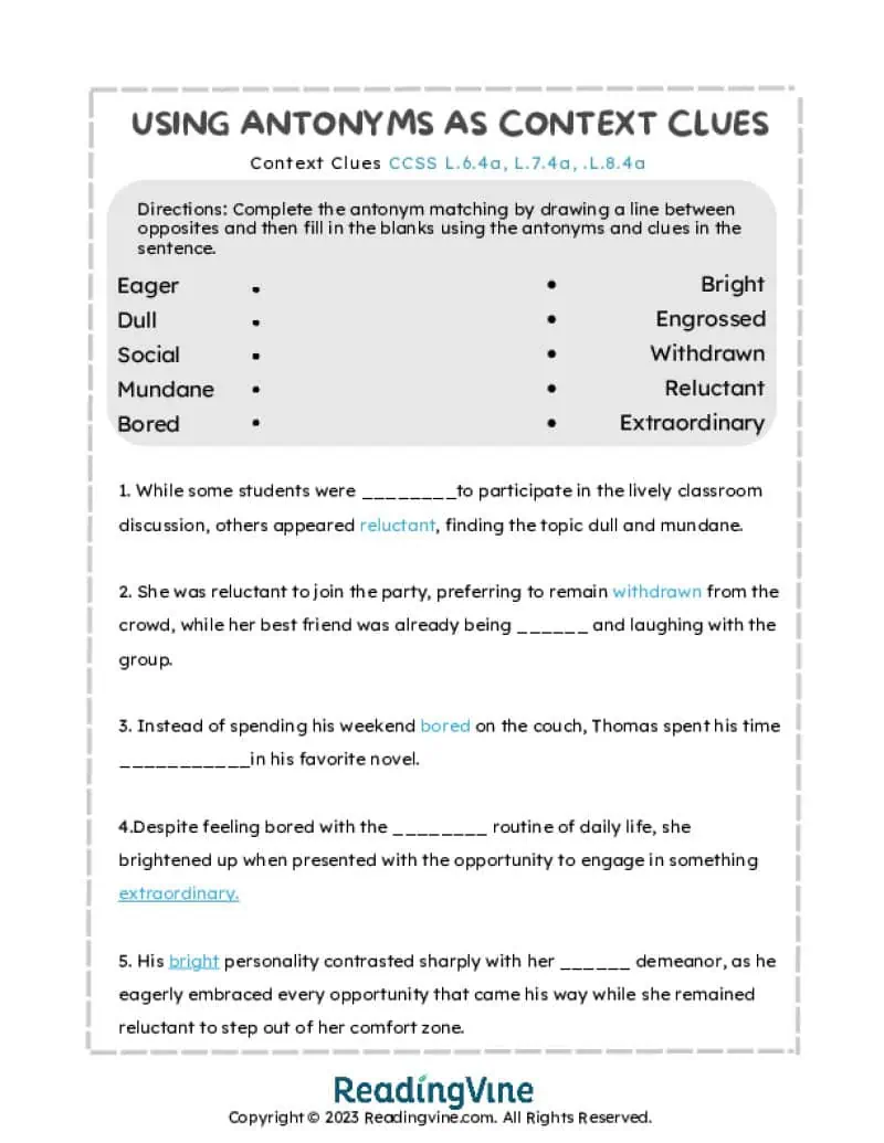 Context Clues Matching Worksheet Activity