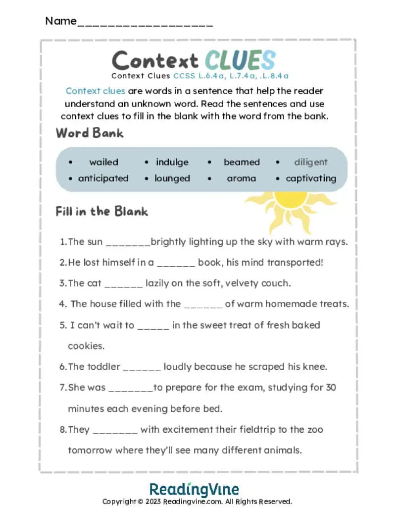 Fill in the Blanks Context Clues Worksheet Image