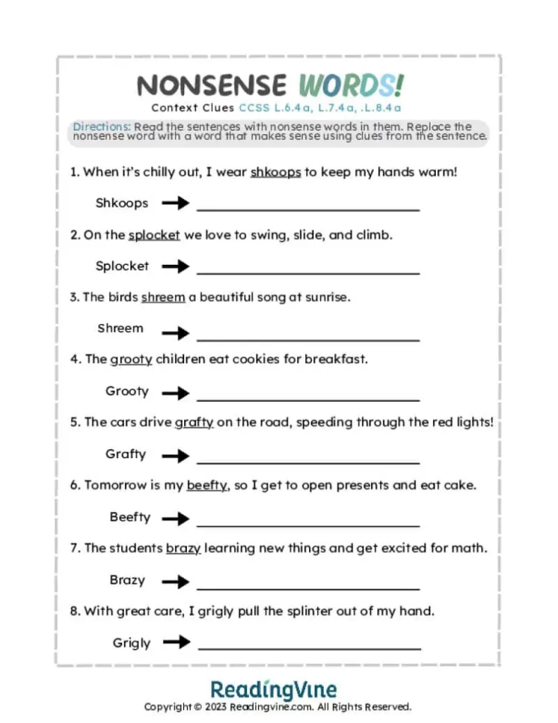 Nonsense Words! Printable Context Clues Worksheet