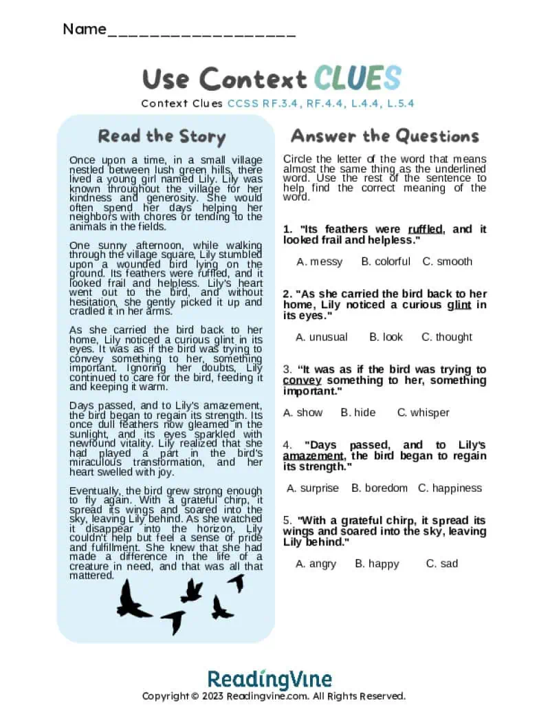 Reading Passage Context Clues Worksheet