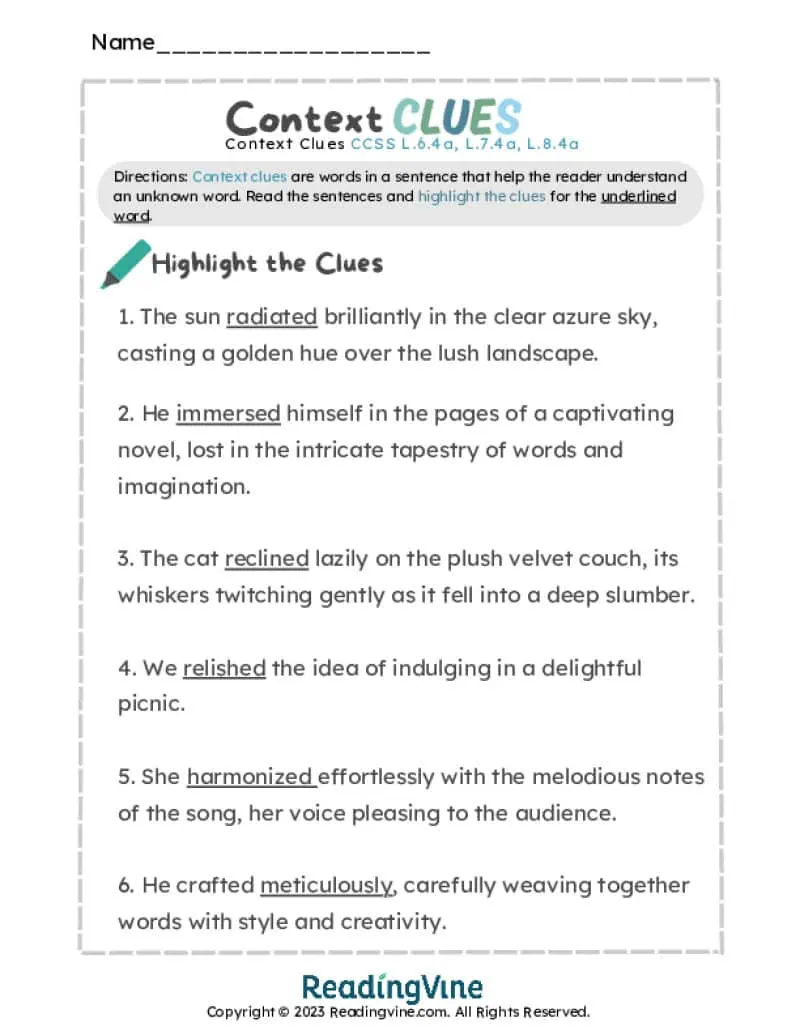 Understanding Unknown Words Printable Worksheet Focusing on Context Clues