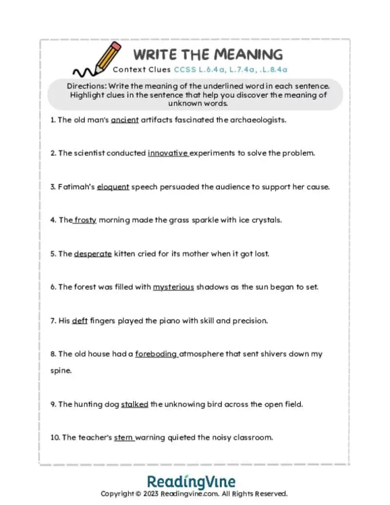 Write the Meaning Context Clues Printable Activity