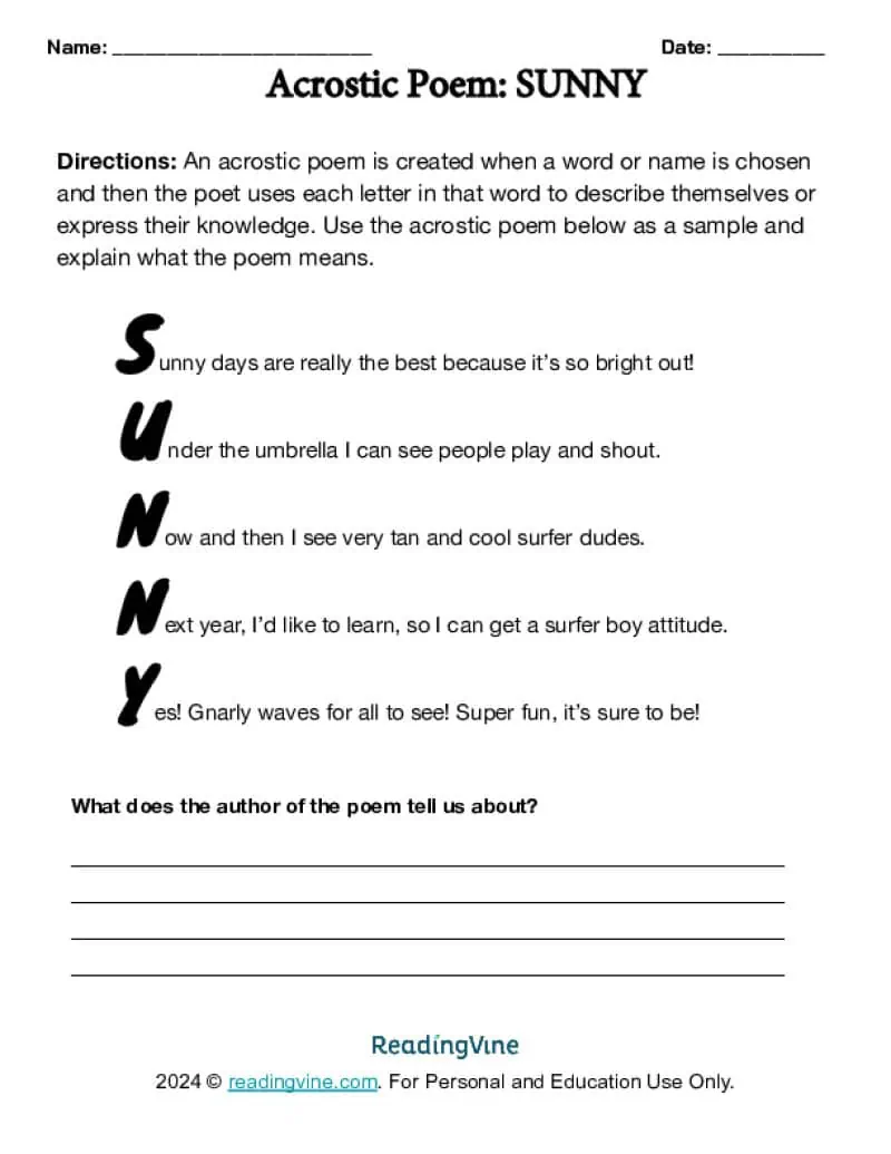 Acrostic Poem Sunny Worksheet Image