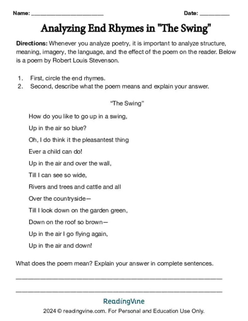 Analyze End Rhymes: "The Swing" Worksheet