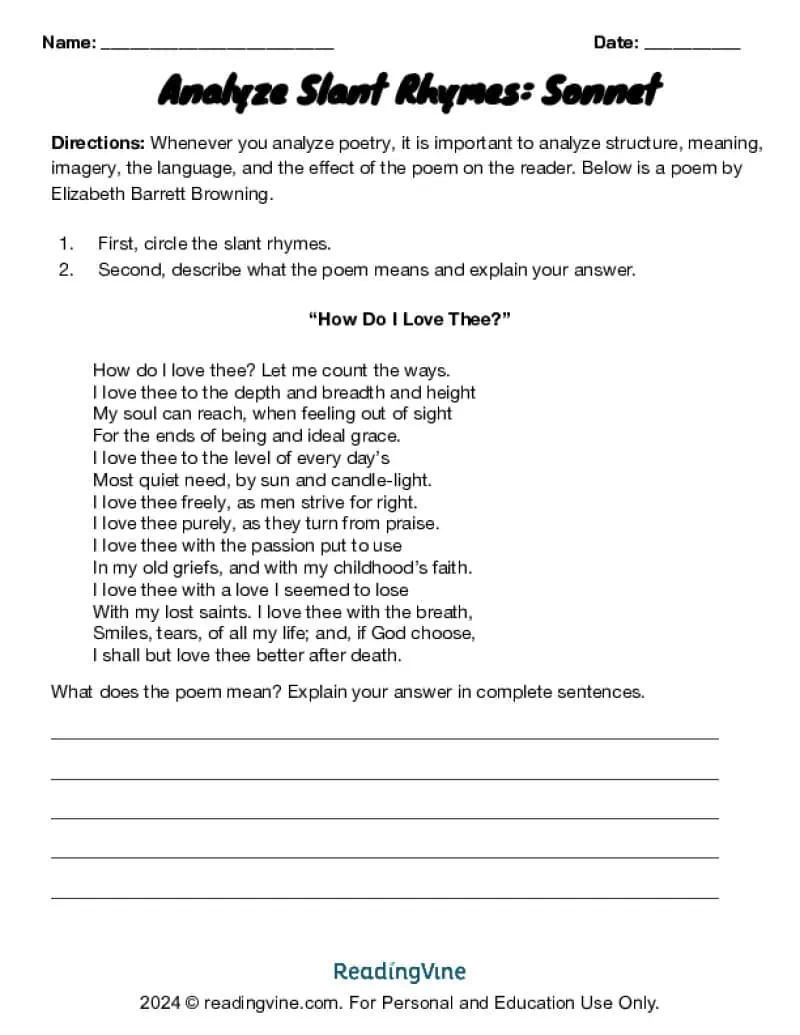 Analyze Slant Rhymes Sonnet Activity