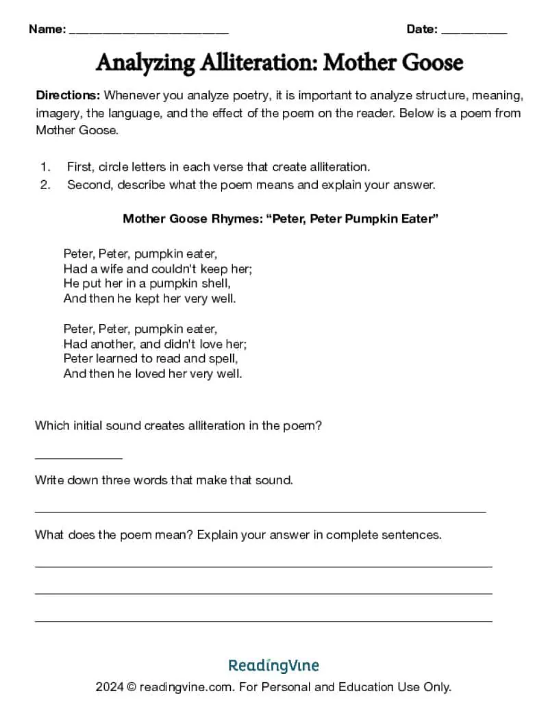 Analyzing Alliteration Mother Goose Worksheet Image