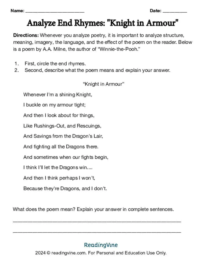 Analyzing End Rhymes Worksheet Image