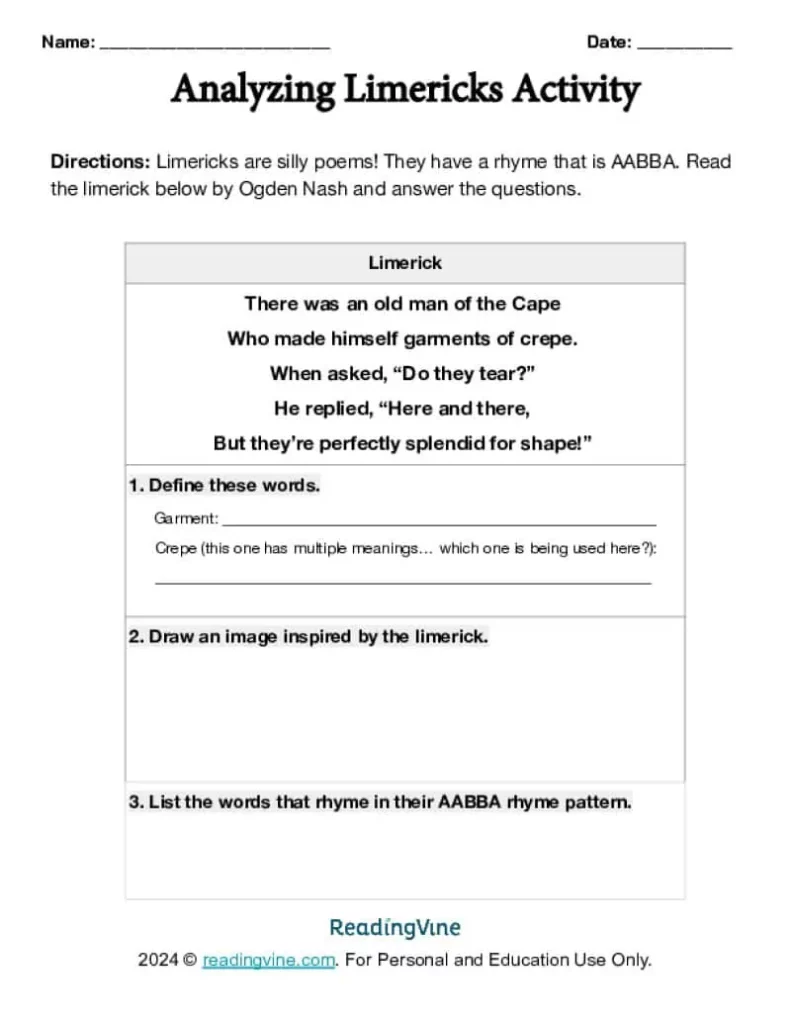 Analyzing Limericks Activity