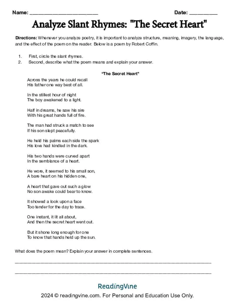 Analyzing Slant Rhymes Poetry Worksheet Image