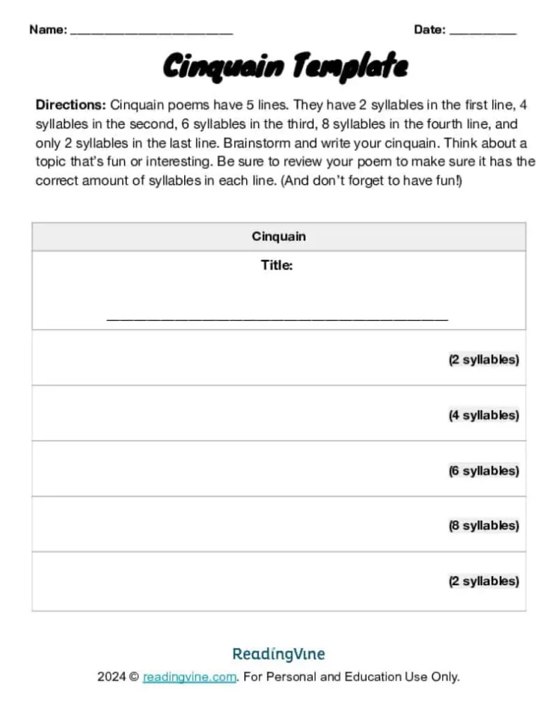Cinquain Poem Template Worksheet
