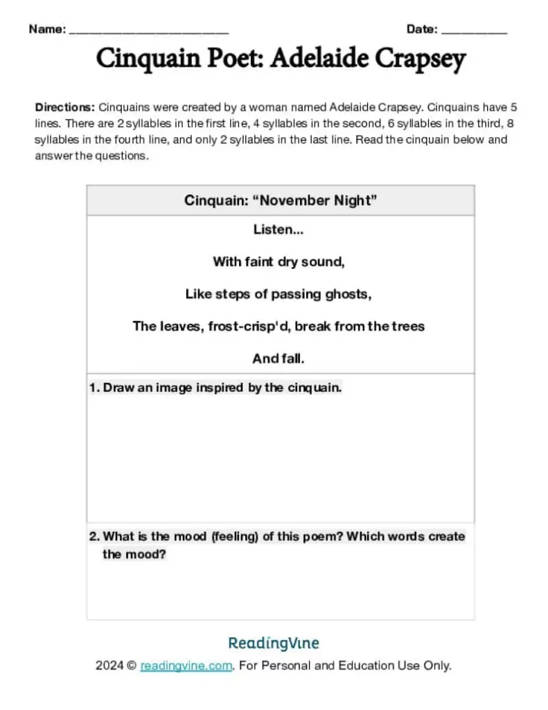 Understanding Cinquain Poems Worksheet