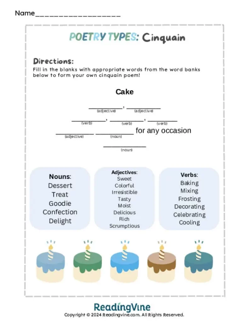Fill in the Blanks Cinquain Poem Activity