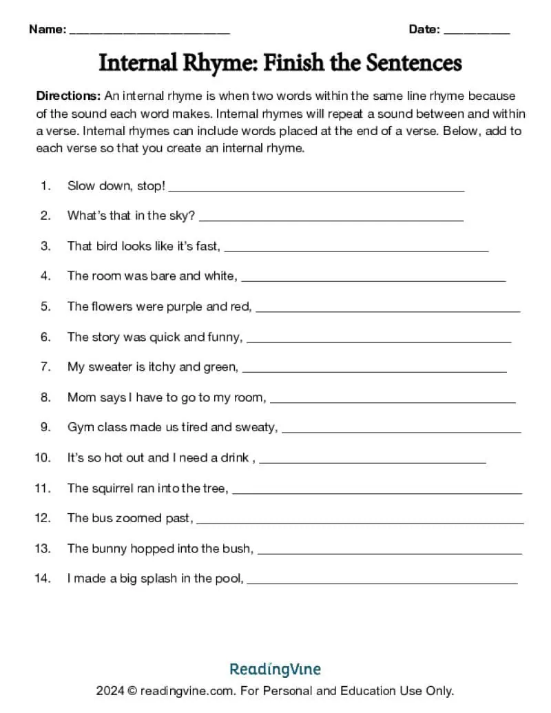 Finish the Sentences Internal Rhyme Activity Image