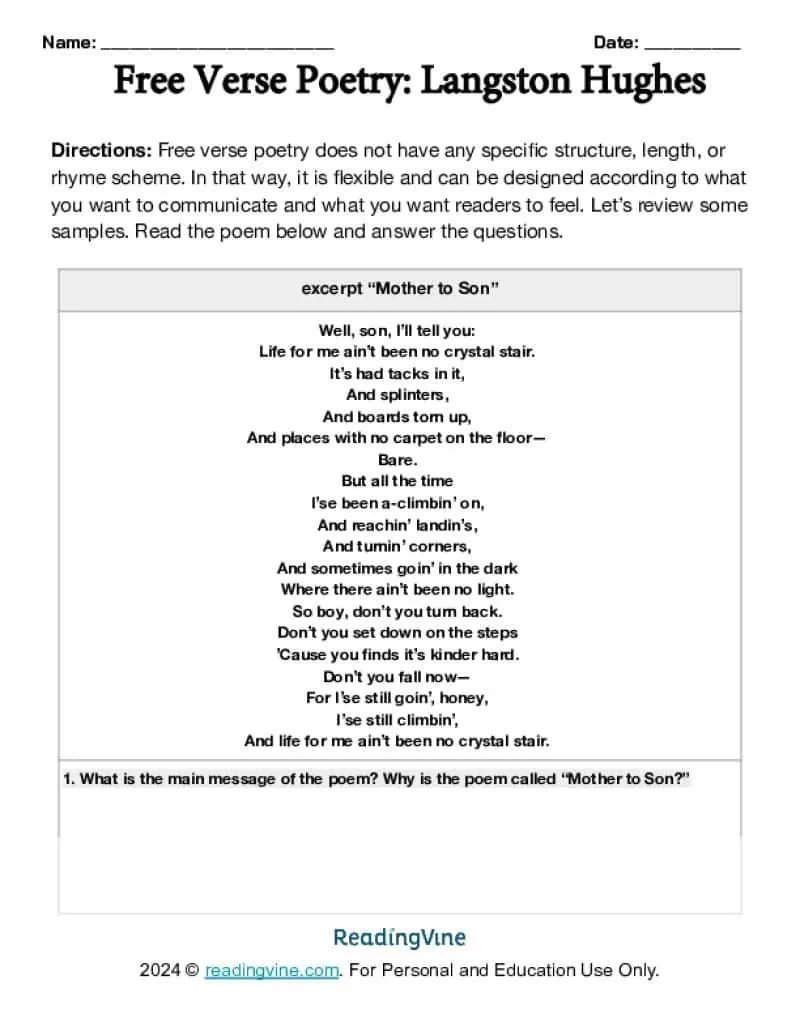 Free Verse Poetry Langston Hughes Activity Image