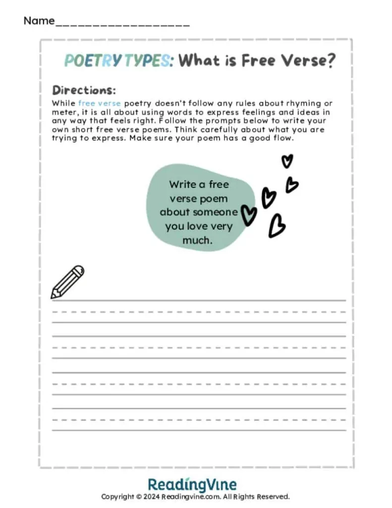 Free Verse Poetry Writing Worksheet