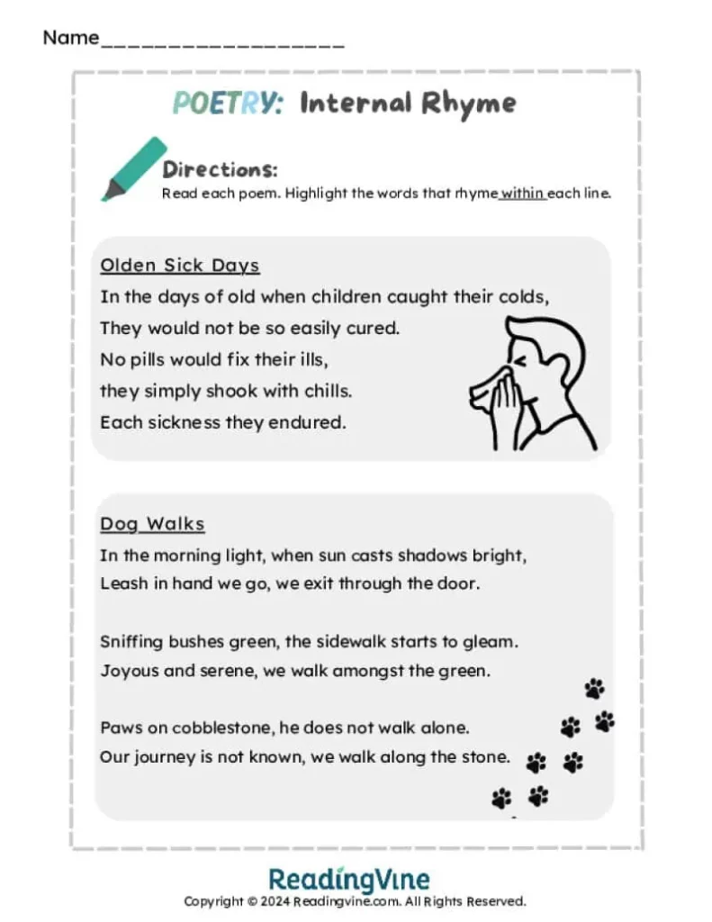 Highlight the Internal Rhyme Worksheet