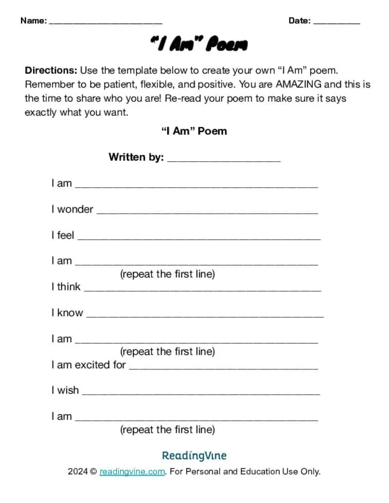 I am Poem Template Image