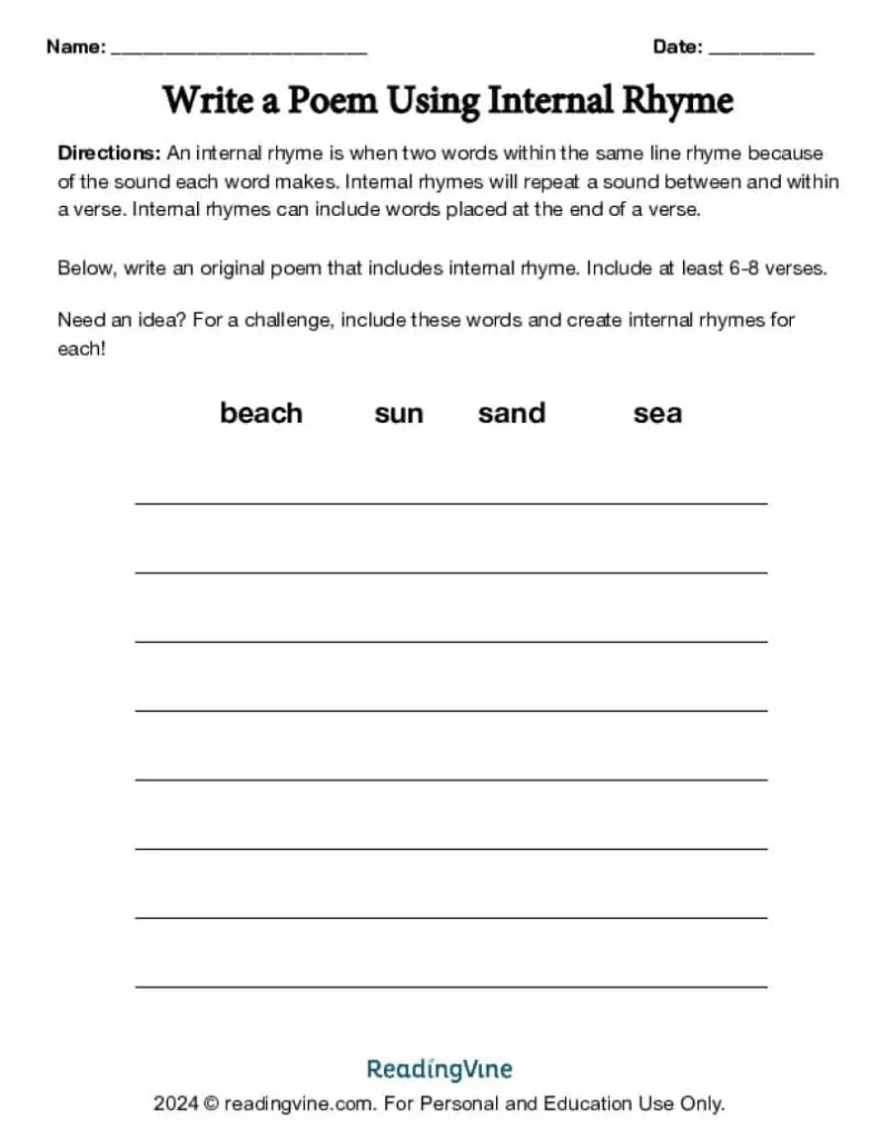 Internal Rhyme Writing Activity