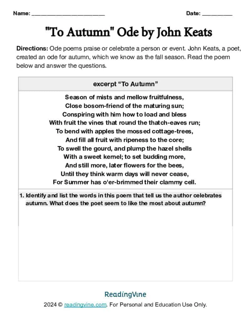 John Keats Ode Poetry Activity Image