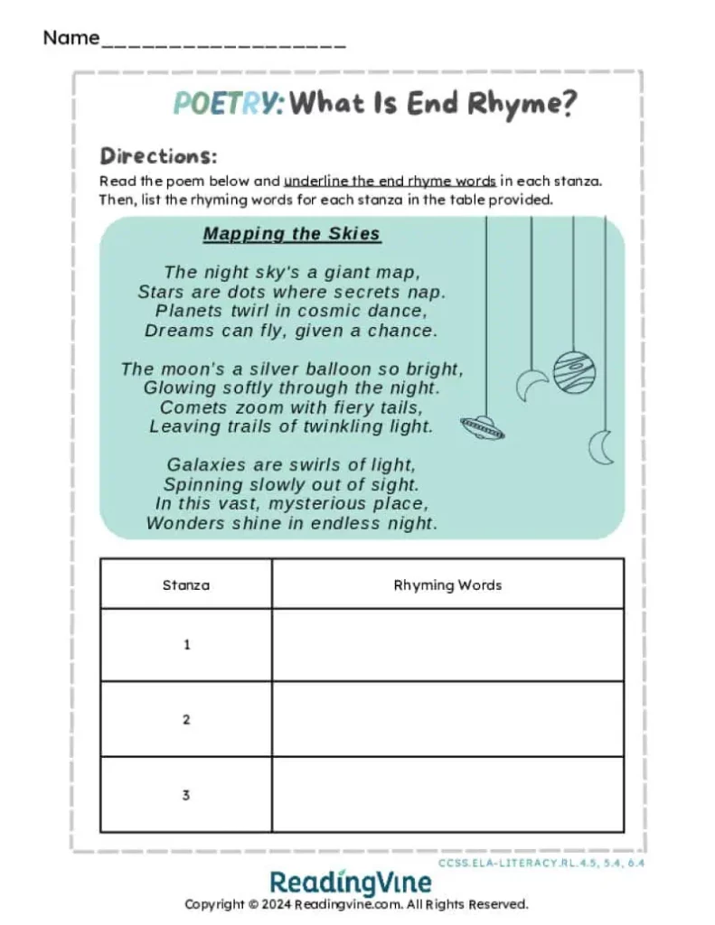 Mapping the Skies End Rhyme Poetry Worksheet