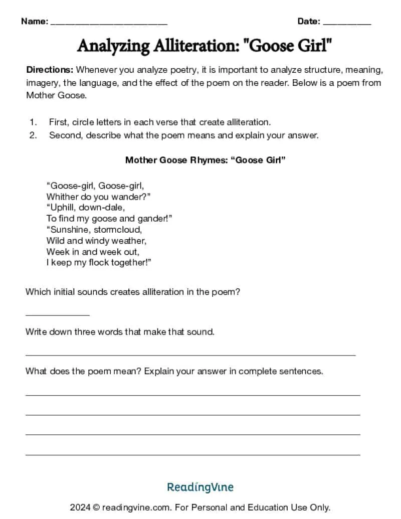 Mother Goose Rhyme Alliteration Activity