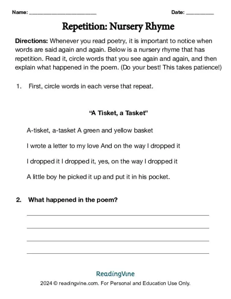 Repetition Nursery Rhyme Activity
