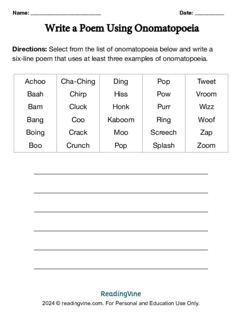 Onomatopoeia Poetry Writing Worksheet Image