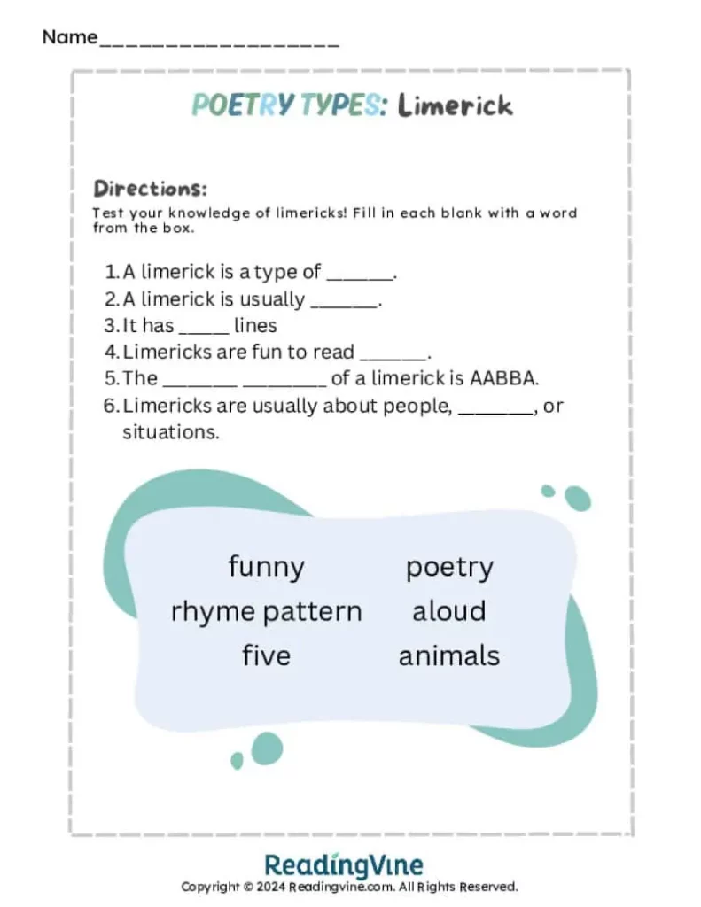 Poetry Types Limerick Activity