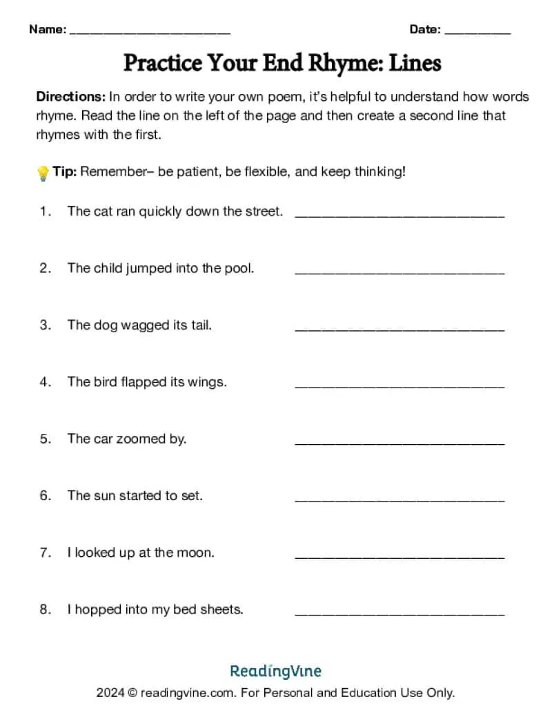 Practice End Rhyme in Poetry Lines Worksheet Image