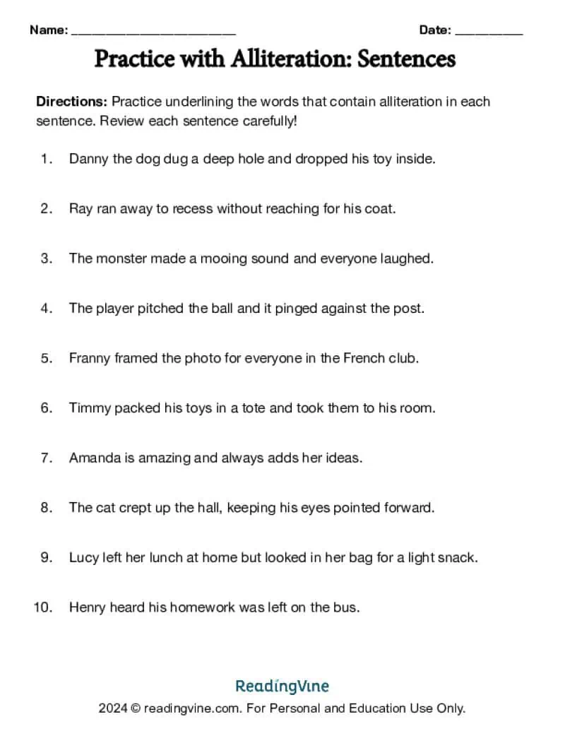 Practicing Alliteration in Sentences Activity Image