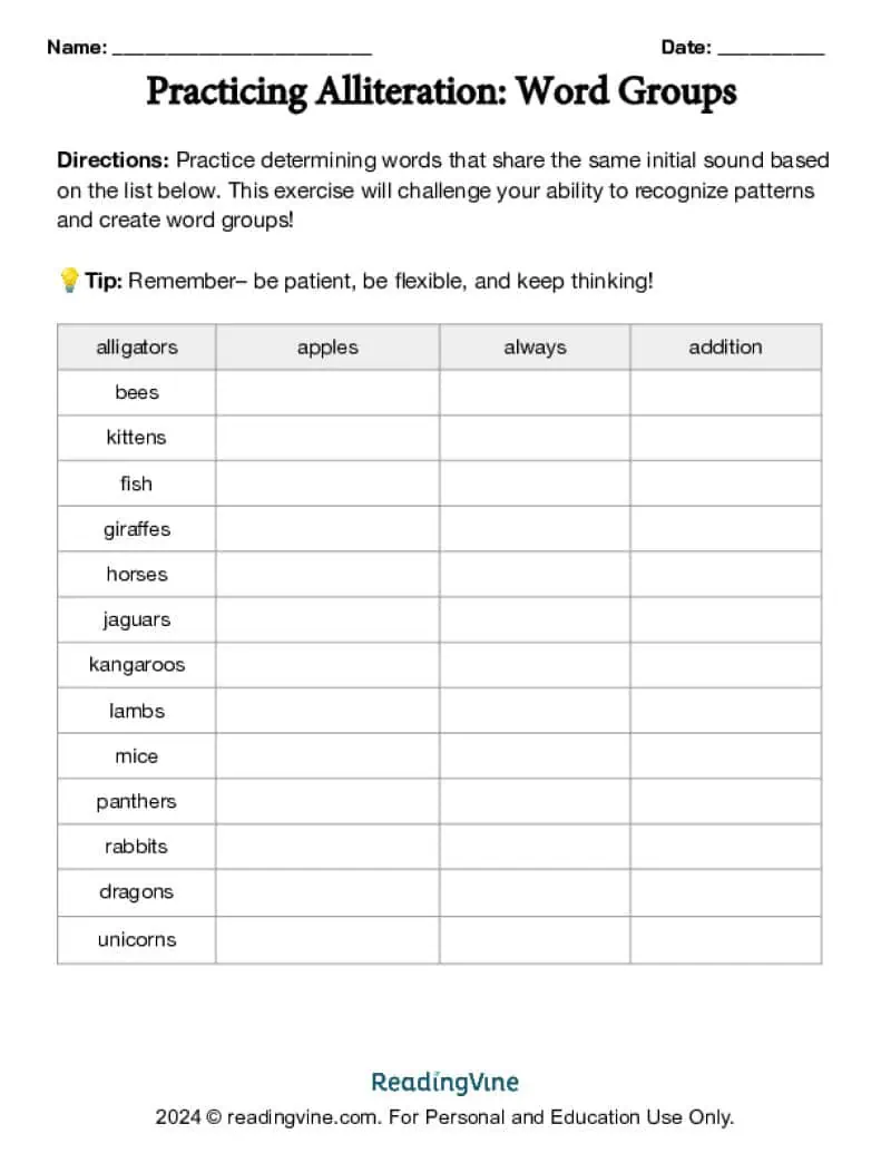 Practicing Alliteration Word Groups Activity Image