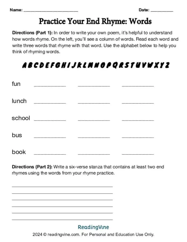 Practicing End Rhyme Words Activity