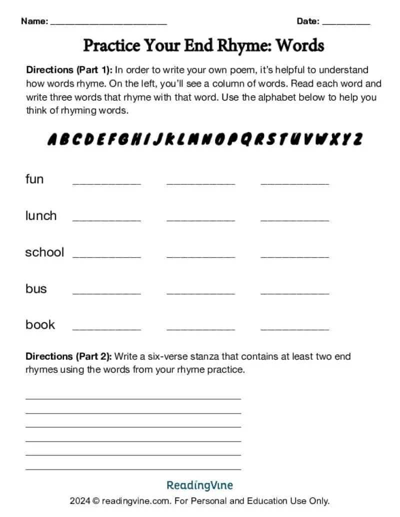 Practicing End Rhyme Words Activity Image