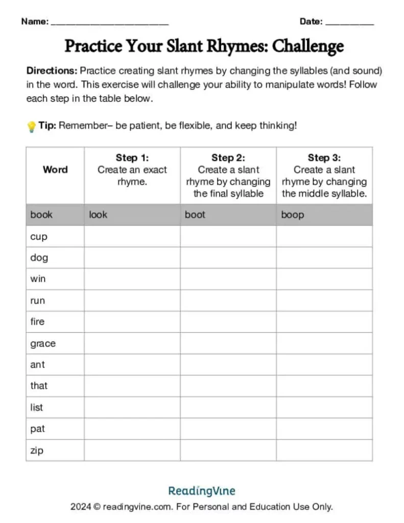 Practicing Slant Rhymes Worksheet