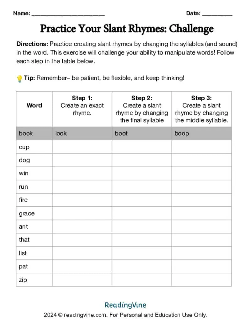 Practicing Slant Rhymes Worksheet Image Activity