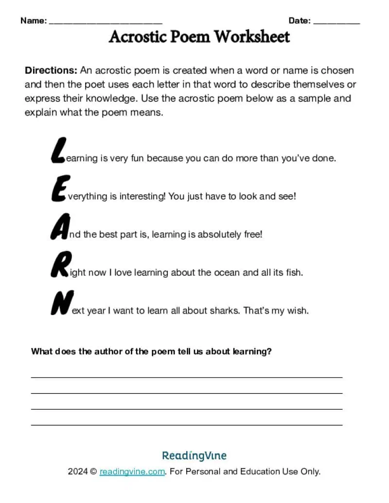 Printable Acrostic Poem Activity Image