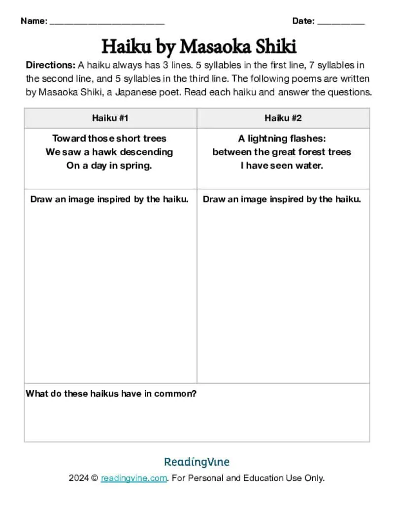 Printable Haiku Activity Image