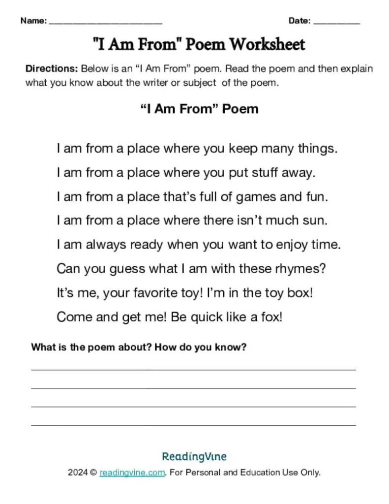 Printable I Am From Poem Worksheet