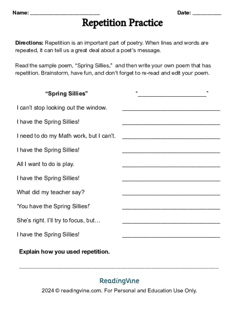 Repetition Practice Writing Activity Image